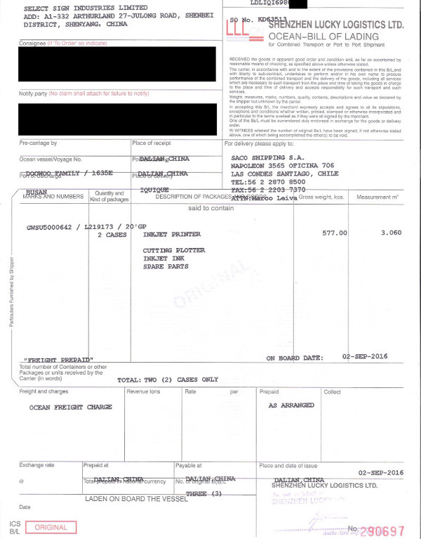 BL conocimiento de embarque Chile plotter